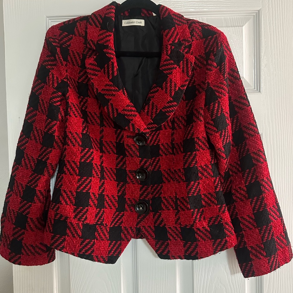 Coldwater Creek Red & Black Plaid Button Up Jacket Size 8 Womens